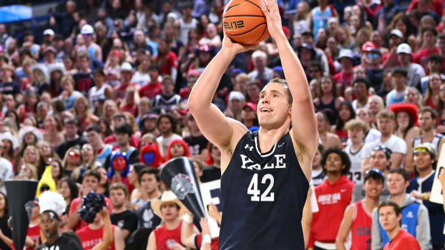 Nov 10, 2023; Spokane, Washington, USA; Yale Bulldogs forward Nick Townsend (42) shoots the ball against the Gonzaga Bulldogs in the first half at McCarthey Athletic Center.